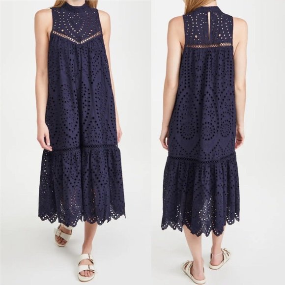 Sussan Dresses & Skirts - New Sussan Women’s Midi Dress Navy Blue Broderie Scallop Hem Cotton Size L 14